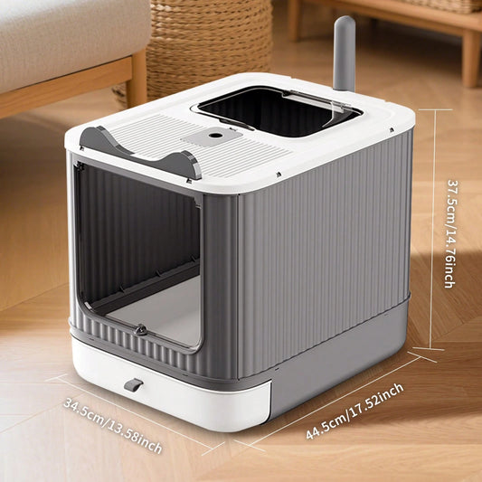 Fully Enclosed Cat Litter Box With Lid- Foldable Covered Kitty Litter Enclosure, Anti-Splashing, Easy To Clean With Drawer, Includes Cat Mat And Scoop- White & Pink
