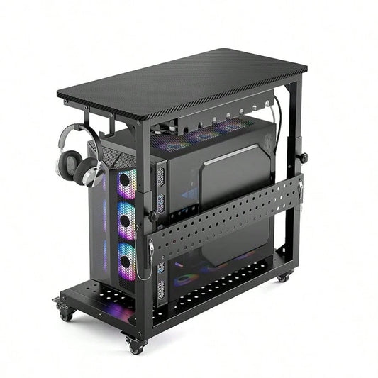 Gaming PC Tower Cart With Wheels| Metal Frame Supports 150 Lbs Full Tower With Steel Casters For Smooth Rolling. Easily Height Adjustable. Black Industrial Carbon Fiber