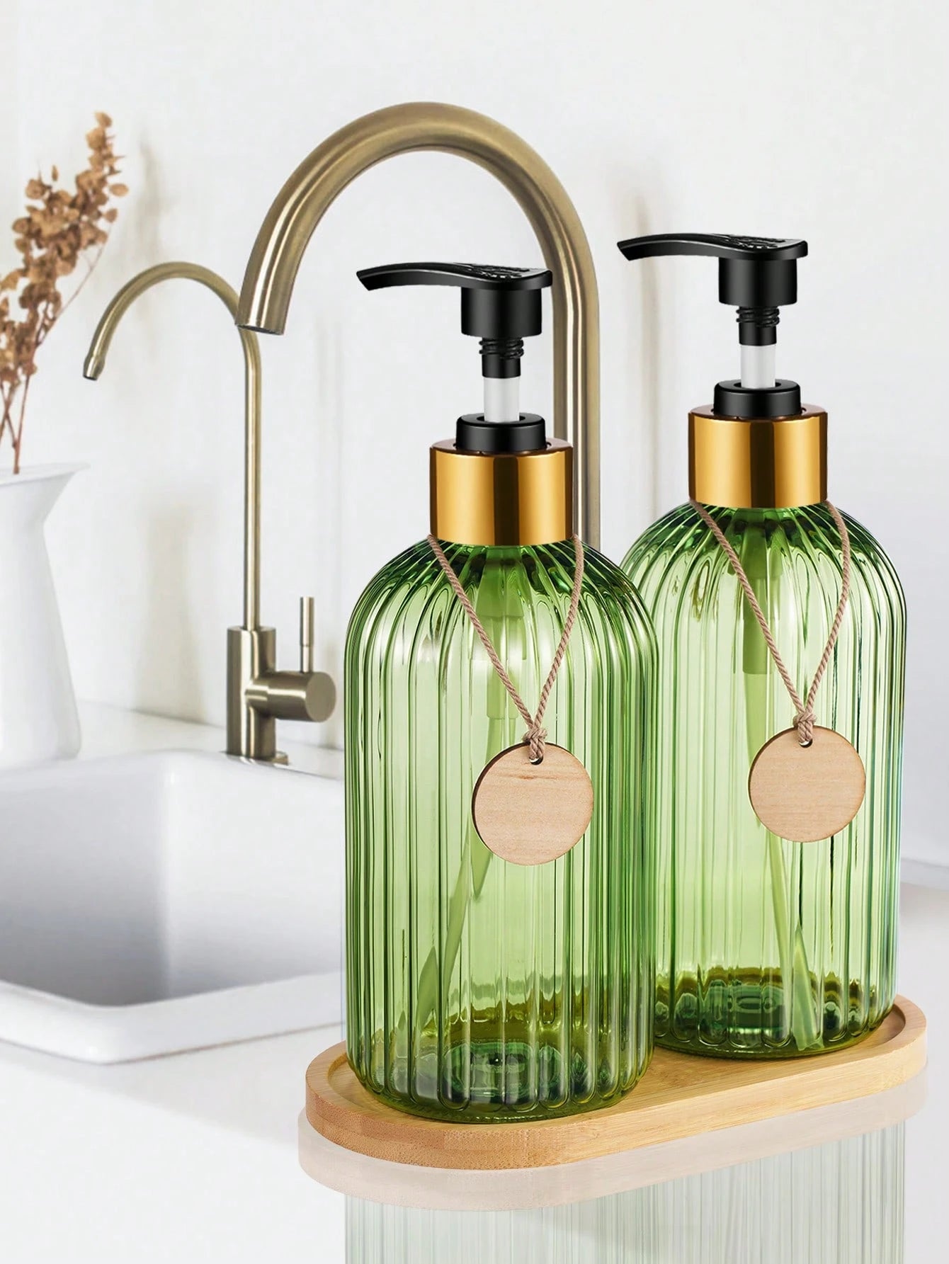 GAONLY 2Pcs 16.9 Oz Clear Green Soap Dispenser With Bamboo Pump, Refillable Liquid Hand Soap Dispenser For Bathroom, Premium Kitchen Soap Dispenser Home Bathroom Decor Summer Back To School