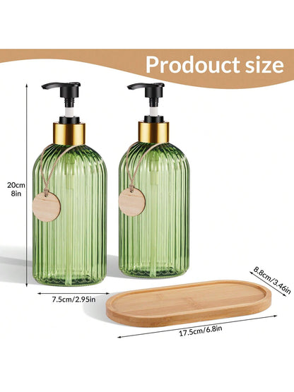 GAONLY 2Pcs 16.9 Oz Clear Green Soap Dispenser With Bamboo Pump, Refillable Liquid Hand Soap Dispenser For Bathroom, Premium Kitchen Soap Dispenser Home Bathroom Decor Summer Back To School