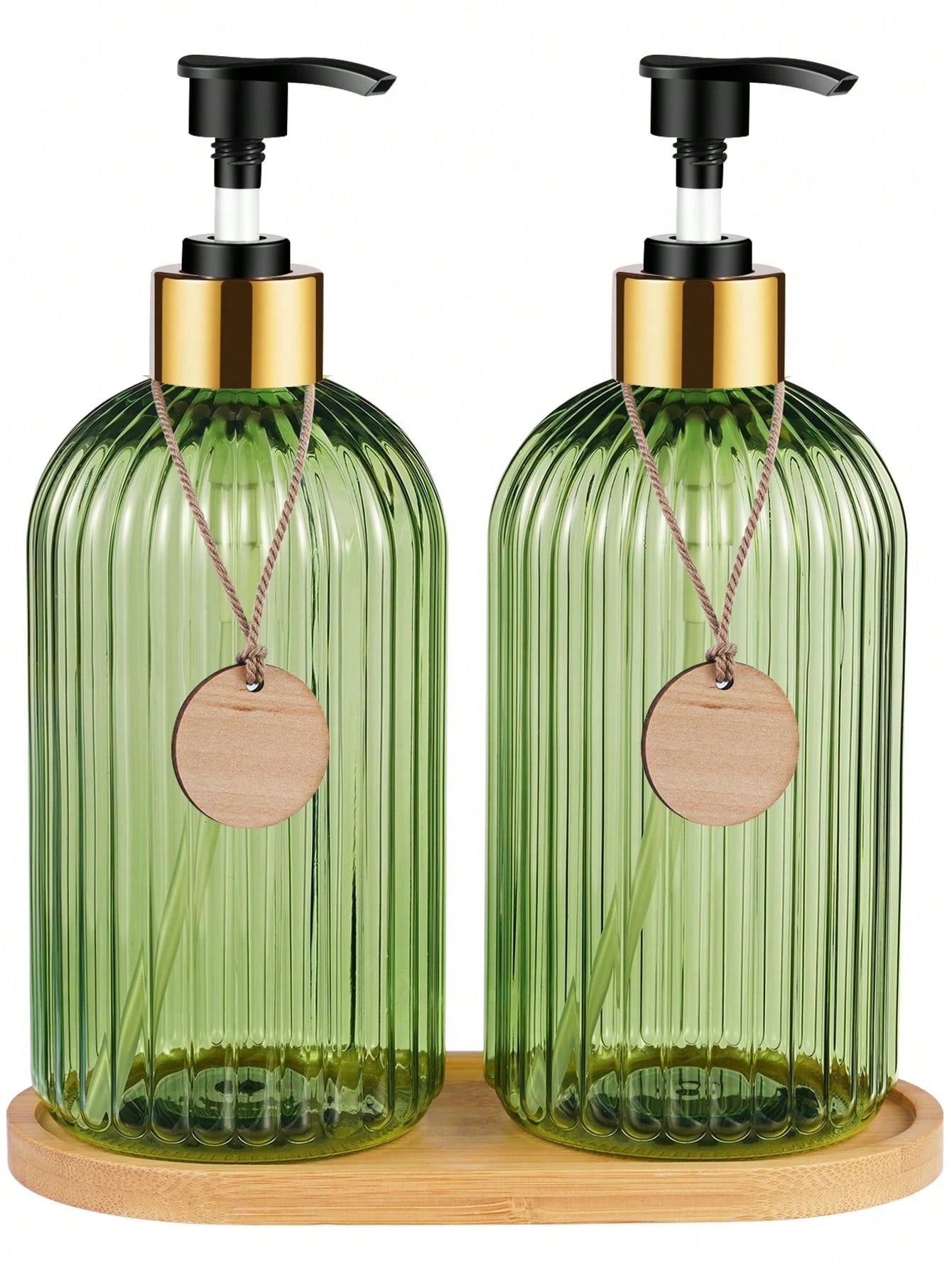 GAONLY 2Pcs 16.9 Oz Clear Green Soap Dispenser With Bamboo Pump, Refillable Liquid Hand Soap Dispenser For Bathroom, Premium Kitchen Soap Dispenser Home Bathroom Decor Summer Back To School
