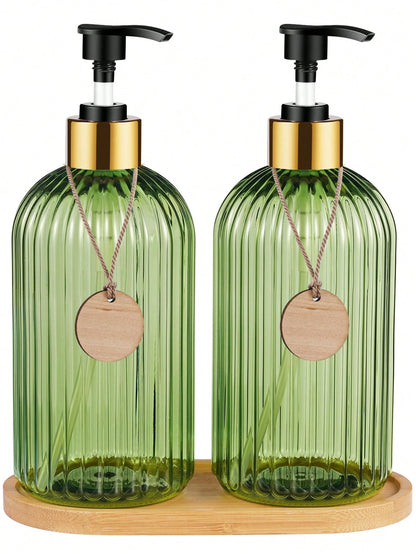 GAONLY 2Pcs 16.9 Oz Clear Green Soap Dispenser With Bamboo Pump, Refillable Liquid Hand Soap Dispenser For Bathroom, Premium Kitchen Soap Dispenser Home Bathroom Decor Summer Back To School