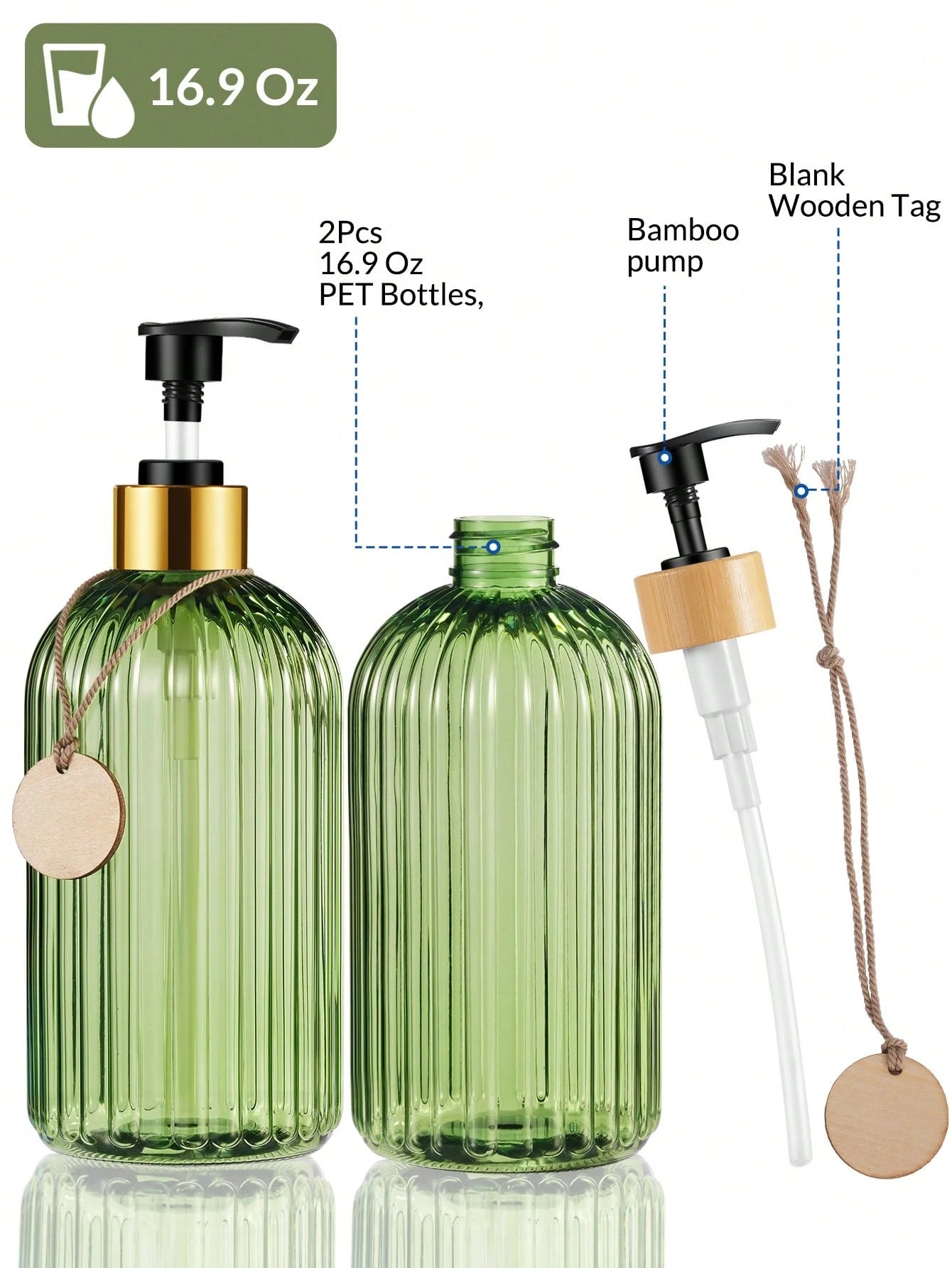 GAONLY 2Pcs 16.9 Oz Clear Green Soap Dispenser With Bamboo Pump, Refillable Liquid Hand Soap Dispenser For Bathroom, Premium Kitchen Soap Dispenser Home Bathroom Decor Summer Back To School