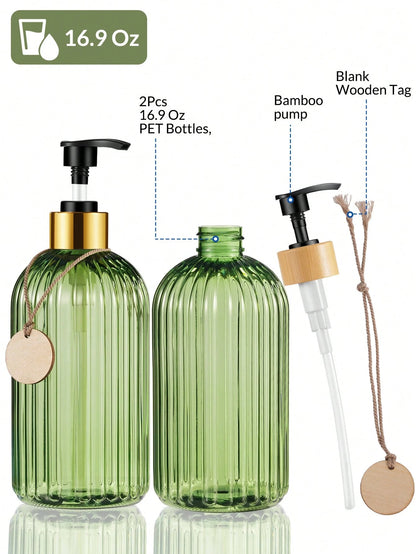 GAONLY 2Pcs 16.9 Oz Clear Green Soap Dispenser With Bamboo Pump, Refillable Liquid Hand Soap Dispenser For Bathroom, Premium Kitchen Soap Dispenser Home Bathroom Decor Summer Back To School