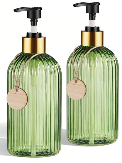 GAONLY 2Pcs 16.9 Oz Clear Green Soap Dispenser With Bamboo Pump, Refillable Liquid Hand Soap Dispenser For Bathroom, Premium Kitchen Soap Dispenser Home Bathroom Decor Summer Back To School
