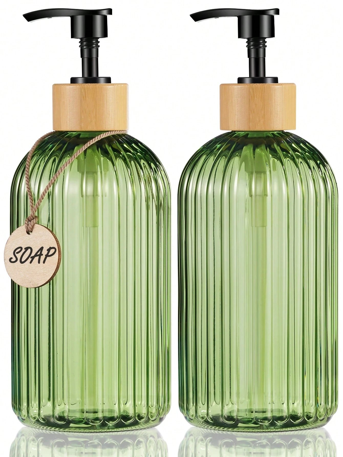 GAONLY 2Pcs 16.9 Oz Clear Green Soap Dispenser With Bamboo Pump, Refillable Liquid Hand Soap Dispenser For Bathroom, Premium Kitchen Soap Dispenser Home Bathroom Decor Summer Back To School
