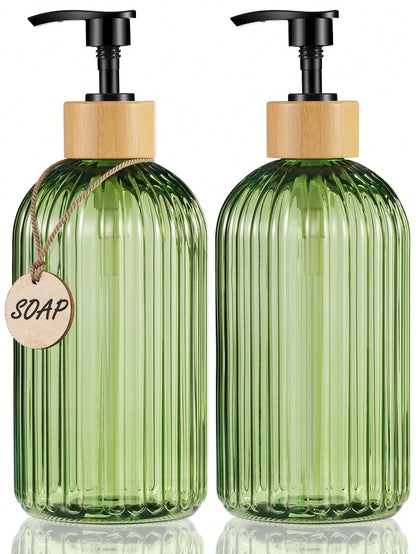 GAONLY 2Pcs 16.9 Oz Clear Green Soap Dispenser With Bamboo Pump, Refillable Liquid Hand Soap Dispenser For Bathroom, Premium Kitchen Soap Dispenser Home Bathroom Decor Summer Back To School
