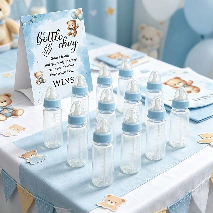 Gender Reveal Party Baby Bottle Game Set, Blue & Pink Bear Themed Game Logos And Bottles, Suitable For Baby Christening Party, Birthday Party, Gender Reveal Celebration, Party Game Decorations