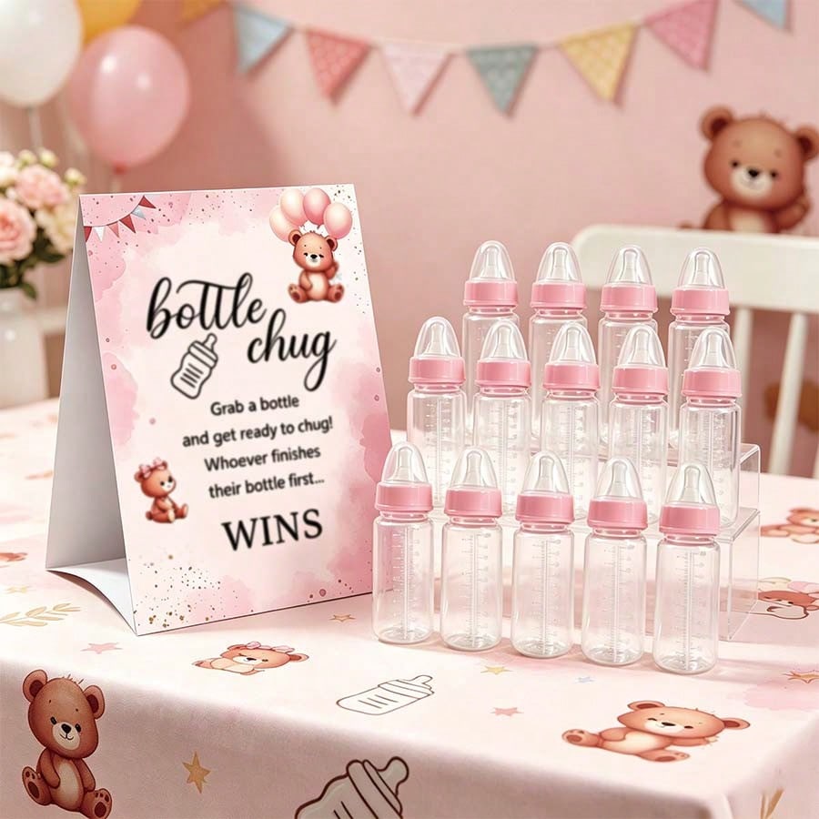 Gender Reveal Party Baby Bottle Game Set, Blue & Pink Bear Themed Game Logos And Bottles, Suitable For Baby Christening Party, Birthday Party, Gender Reveal Celebration, Party Game Decorations