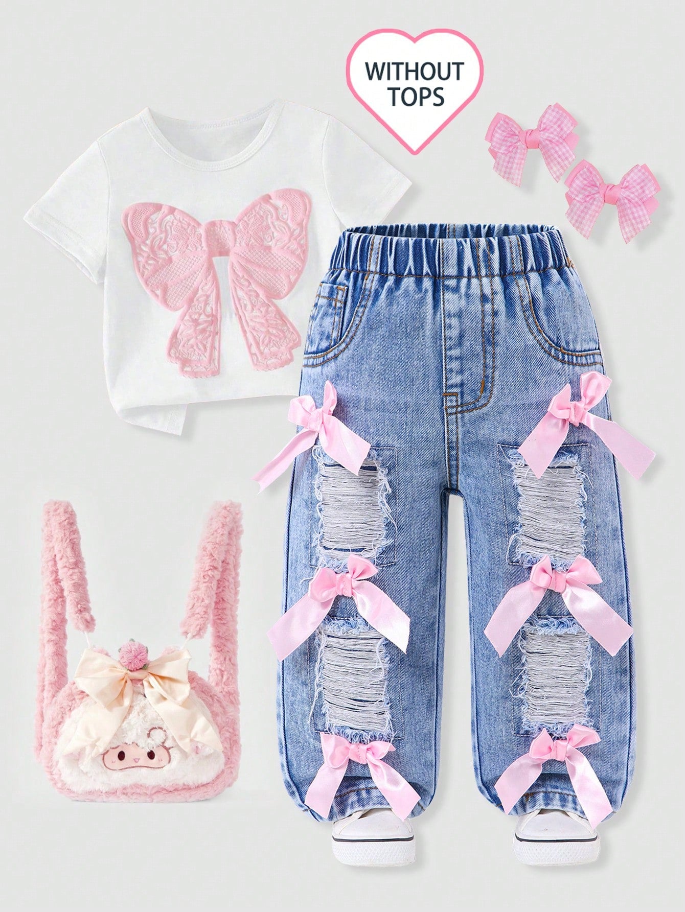 Genkimix Kids Baby Girls Denim Blue Summer Cute Denim Pants,Back-To-School Ripped Distressed Loose Straight Fit Cotton Trousers With Pink Bow Decoration