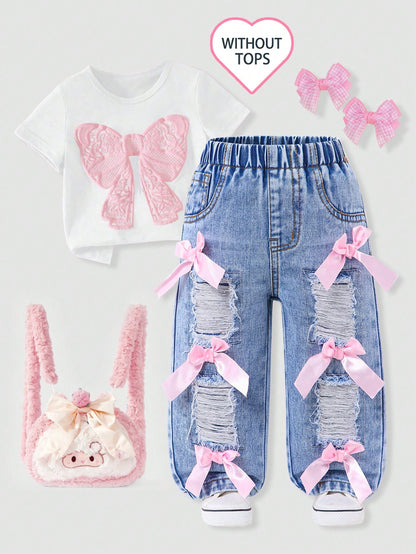 Genkimix Kids Baby Girls Denim Blue Summer Cute Denim Pants,Back-To-School Ripped Distressed Loose Straight Fit Cotton Trousers With Pink Bow Decoration
