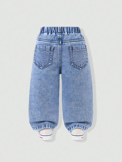 Genkimix Kids Baby Girls Denim Blue Summer Cute Denim Pants,Back-To-School Ripped Distressed Loose Straight Fit Cotton Trousers With Pink Bow Decoration