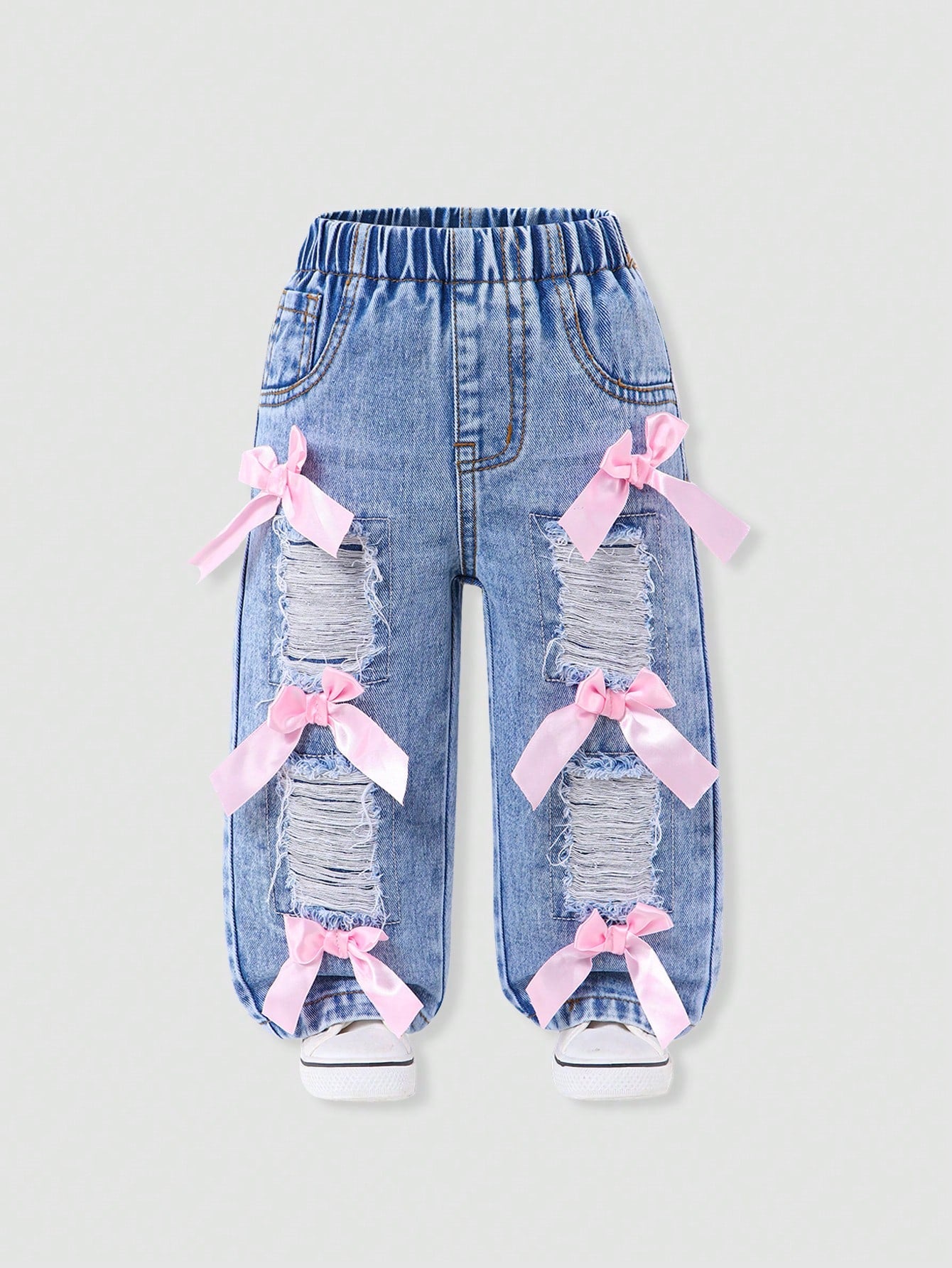 Genkimix Kids Baby Girls Denim Blue Summer Cute Denim Pants,Back-To-School Ripped Distressed Loose Straight Fit Cotton Trousers With Pink Bow Decoration
