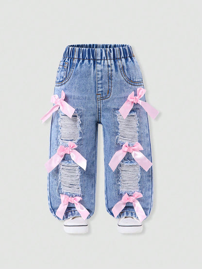 Genkimix Kids Baby Girls Denim Blue Summer Cute Denim Pants,Back-To-School Ripped Distressed Loose Straight Fit Cotton Trousers With Pink Bow Decoration
