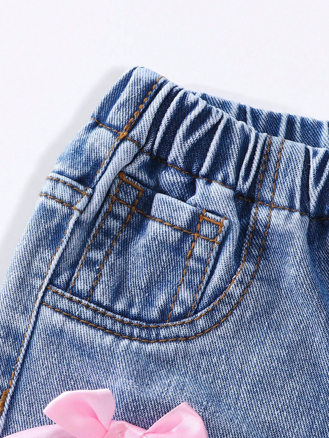 Genkimix Kids Baby Girls Denim Blue Summer Cute Denim Pants,Back-To-School Ripped Distressed Loose Straight Fit Cotton Trousers With Pink Bow Decoration
