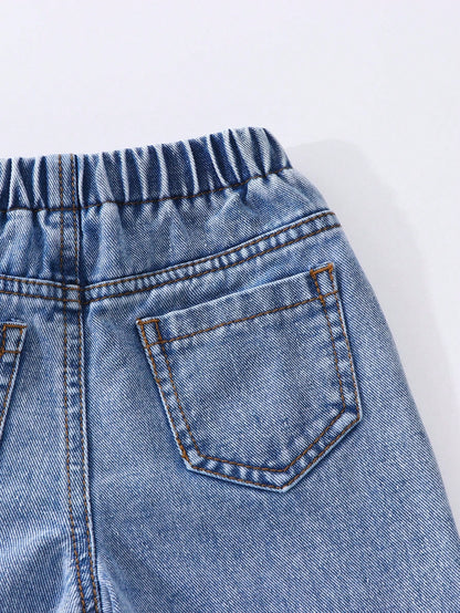 Genkimix Kids Baby Girls Denim Blue Summer Cute Denim Pants,Back-To-School Ripped Distressed Loose Straight Fit Cotton Trousers With Pink Bow Decoration