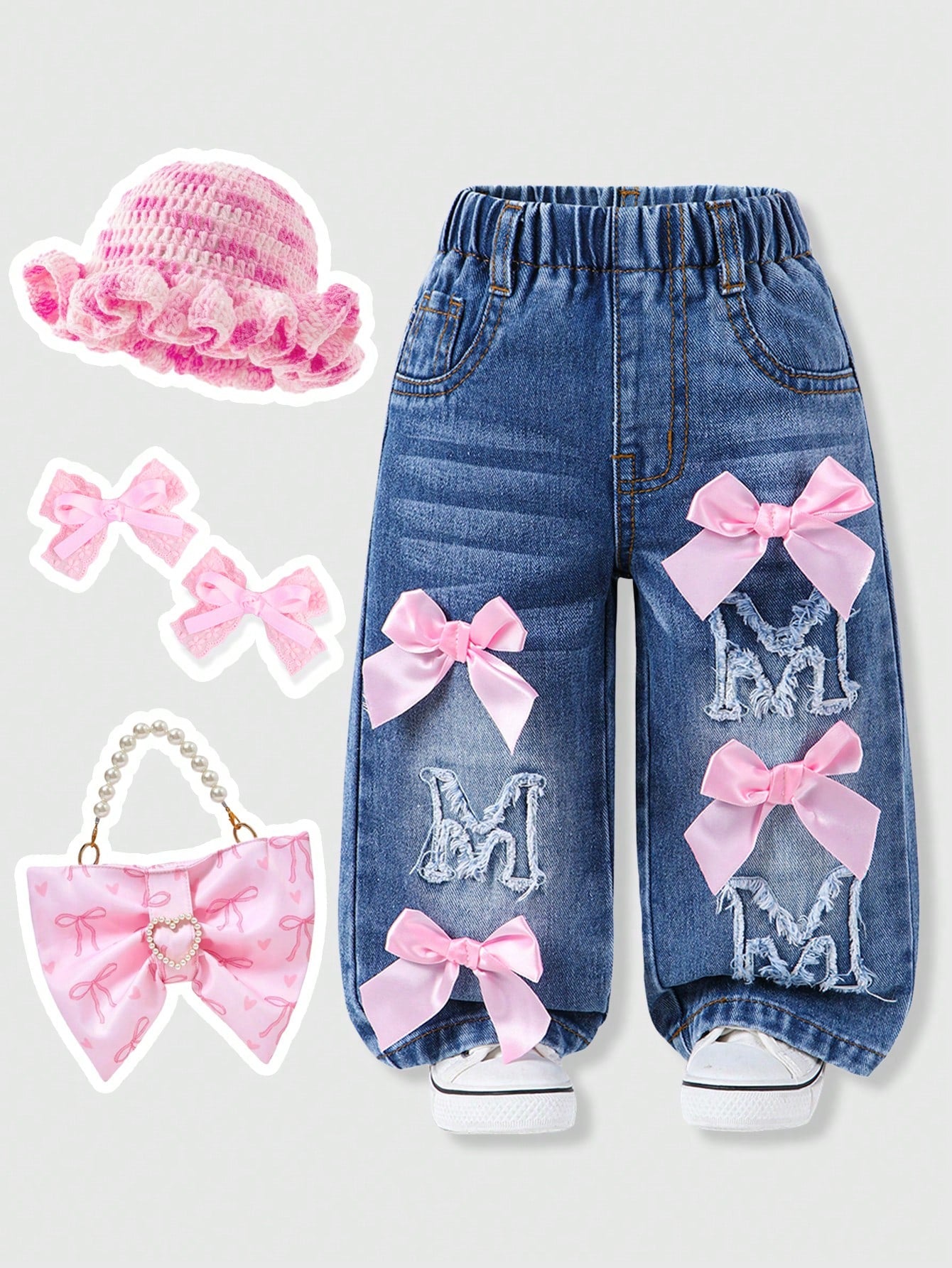 Genkimix Kids Baby Girls Denim Blue Summer Cute Denim Pants,Back-To-School Ripped Distressed Loose Straight Fit Cotton Trousers With Pink Bow Decoration