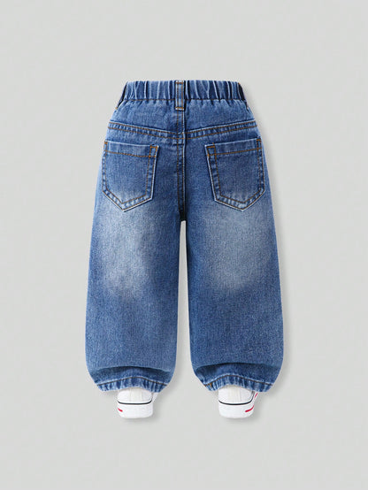Genkimix Kids Baby Girls Denim Blue Summer Cute Denim Pants,Back-To-School Ripped Distressed Loose Straight Fit Cotton Trousers With Pink Bow Decoration