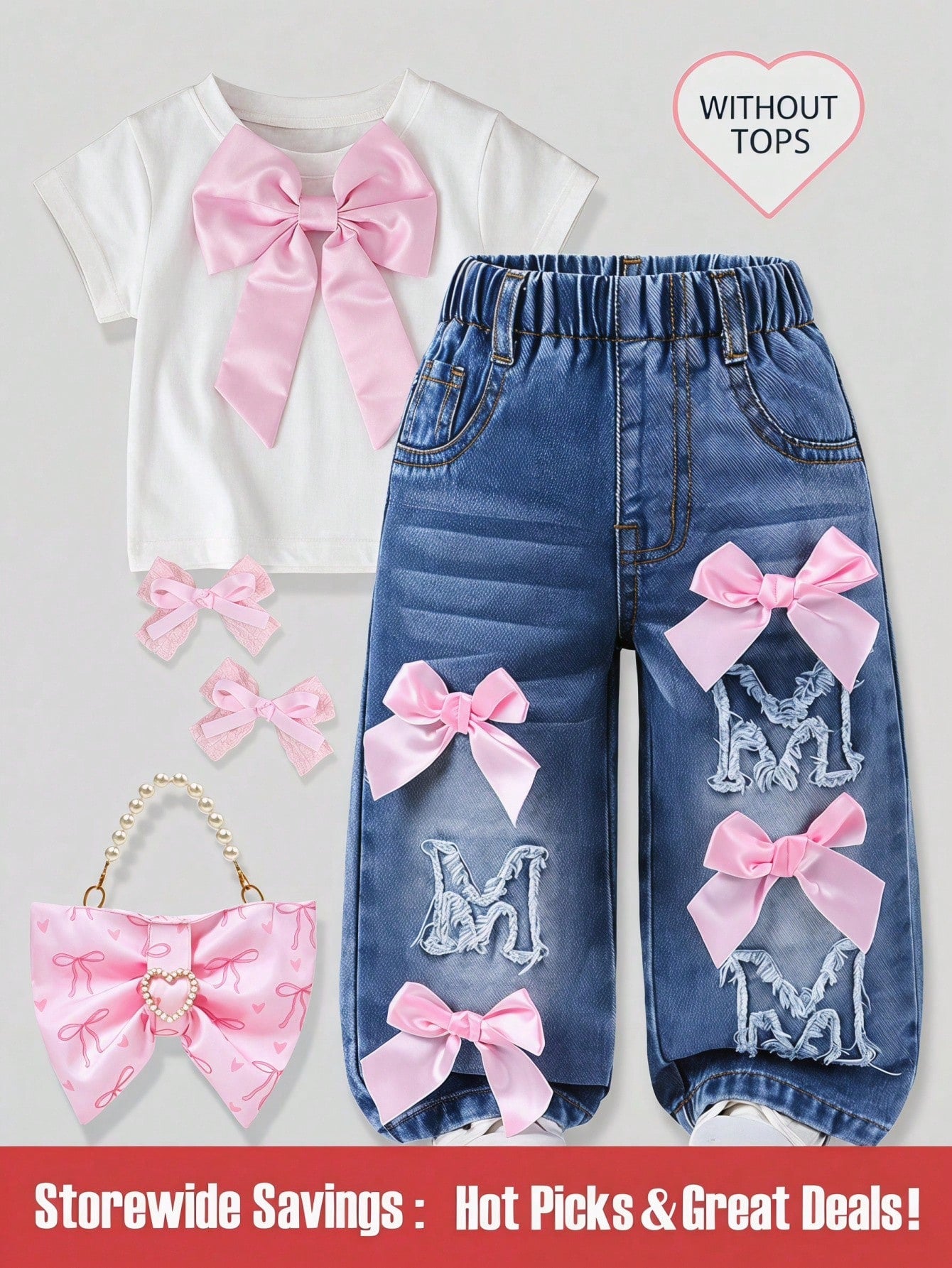 Genkimix Kids Baby Girls Denim Blue Summer Cute Denim Pants,Back-To-School Ripped Distressed Loose Straight Fit Cotton Trousers With Pink Bow Decoration