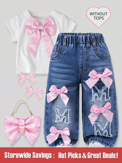 Genkimix Kids Baby Girls Denim Blue Summer Cute Denim Pants,Back-To-School Ripped Distressed Loose Straight Fit Cotton Trousers With Pink Bow Decoration
