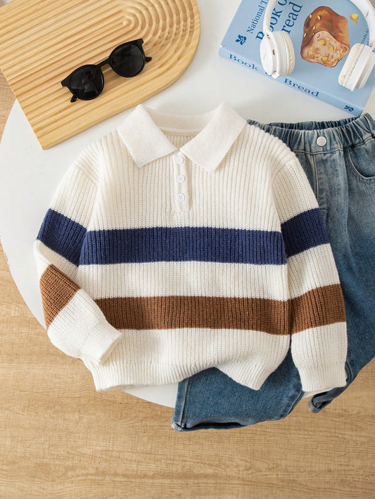 Genkimix Kids Young Boys Fashionable Colorblock Striped Half-Zip Knit Sweater, Long Sleeve, Autumn/Winter