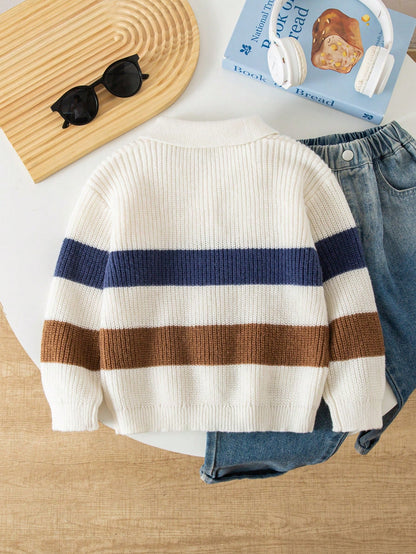 Genkimix Kids Young Boys Fashionable Colorblock Striped Half-Zip Knit Sweater, Long Sleeve, Autumn/Winter