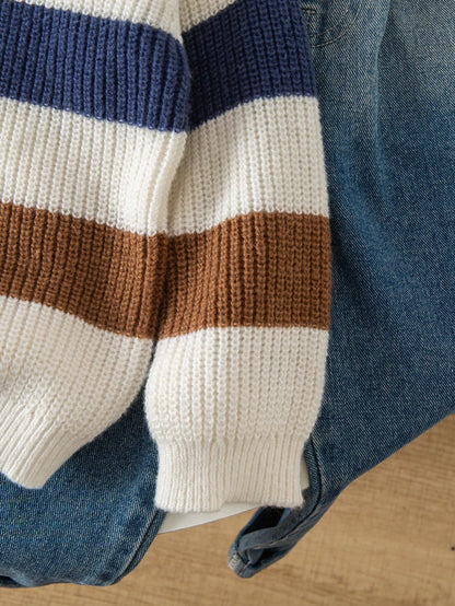 Genkimix Kids Young Boys Fashionable Colorblock Striped Half-Zip Knit Sweater, Long Sleeve, Autumn/Winter