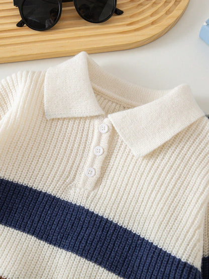 Genkimix Kids Young Boys Fashionable Colorblock Striped Half-Zip Knit Sweater, Long Sleeve, Autumn/Winter