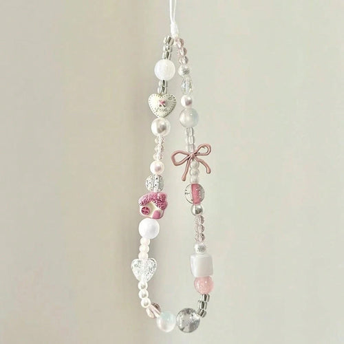 Gentle Girl Pink Beaded Phone Charm, Clear Crystal Beads Paired With Faux Pearl Splicing, Pink Bow And Heart Decor Accents, Delicate Cartoon House Pendant, INS Fresh Girly Vibe, Suitable For Phone, Ba