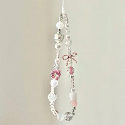 Gentle Girl Pink Beaded Phone Charm, Clear Crystal Beads Paired With Faux Pearl Splicing, Pink Bow And Heart Decor Accents, Delicate Cartoon House Pendant, INS Fresh Girly Vibe, Suitable For Phone, Ba