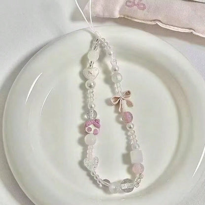 Gentle Girl Pink Beaded Phone Charm, Clear Crystal Beads Paired With Faux Pearl Splicing, Pink Bow And Heart Decor Accents, Delicate Cartoon House Pendant, INS Fresh Girly Vibe, Suitable For Phone, Ba