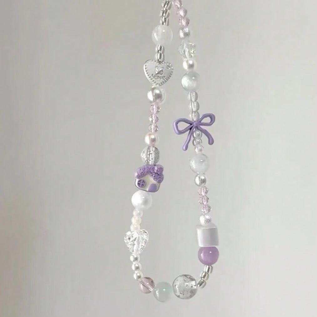 Gentle Girl Pink Beaded Phone Charm, Clear Crystal Beads Paired With Faux Pearl Splicing, Pink Bow And Heart Decor Accents, Delicate Cartoon House Pendant, INS Fresh Girly Vibe, Suitable For Phone, Ba