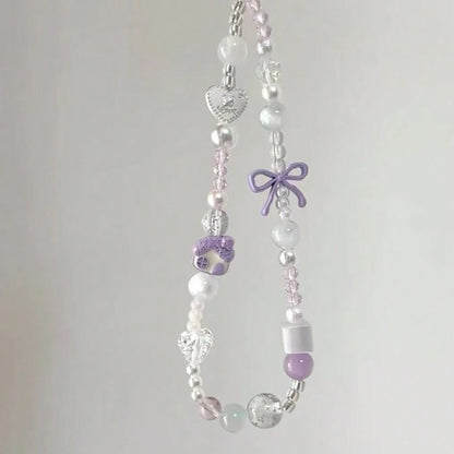 Gentle Girl Pink Beaded Phone Charm, Clear Crystal Beads Paired With Faux Pearl Splicing, Pink Bow And Heart Decor Accents, Delicate Cartoon House Pendant, INS Fresh Girly Vibe, Suitable For Phone, Ba