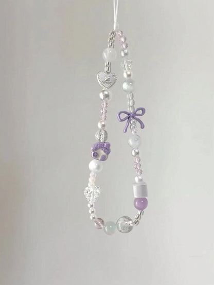 Gentle Girl Pink Beaded Phone Charm, Clear Crystal Beads Paired With Faux Pearl Splicing, Pink Bow And Heart Decor Accents, Delicate Cartoon House Pendant, INS Fresh Girly Vibe, Suitable For Phone, Ba