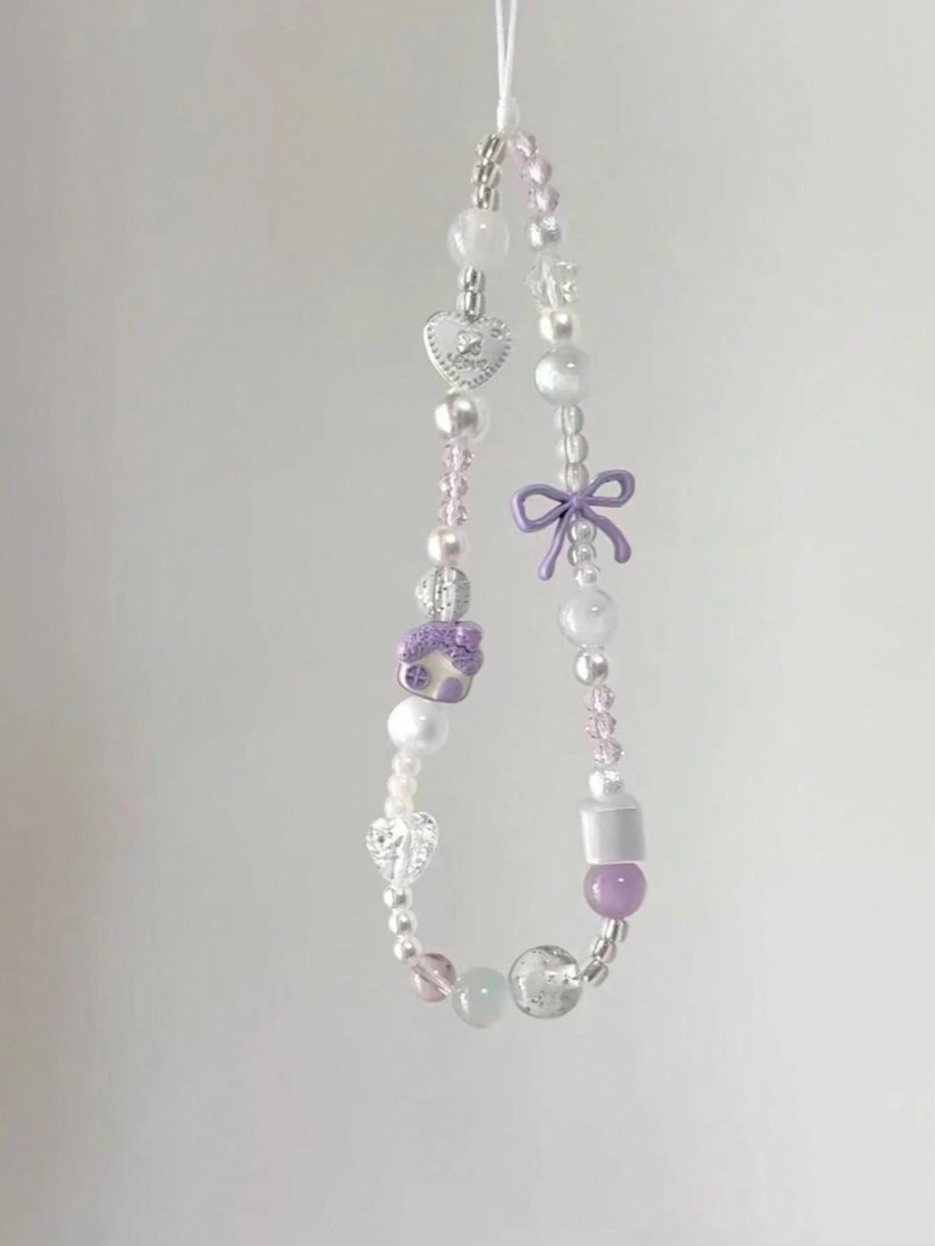 Gentle Girl Pink Beaded Phone Charm, Clear Crystal Beads Paired With Faux Pearl Splicing, Pink Bow And Heart Decor Accents, Delicate Cartoon House Pendant, INS Fresh Girly Vibe, Suitable For Phone, Ba