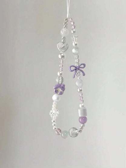 Gentle Girl Pink Beaded Phone Charm, Clear Crystal Beads Paired With Faux Pearl Splicing, Pink Bow And Heart Decor Accents, Delicate Cartoon House Pendant, INS Fresh Girly Vibe, Suitable For Phone, Ba
