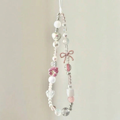 Gentle Girl Pink Beaded Phone Charm, Clear Crystal Beads Paired With Faux Pearl Splicing, Pink Bow And Heart Decor Accents, Delicate Cartoon House Pendant, INS Fresh Girly Vibe, Suitable For Phone, Ba