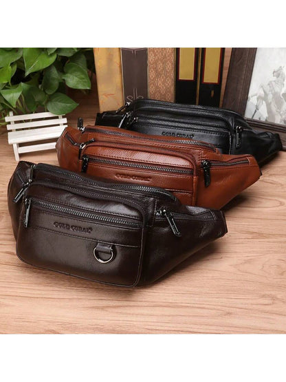 Genuine Leather Waist Fanny Pack Bag For Men Travel Retro Natural Skin Male Purse Cross Body Sling Chest Hip Bum Belt Bags Vintage Funny Gifts Christmas Holiday Thanksgiving Gifts For Men Vacation Win