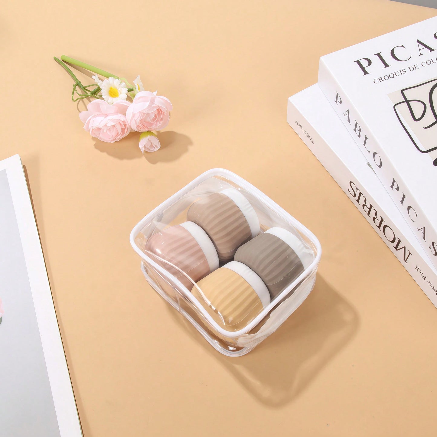 GGGold 4pcs [TSA]Approved Silicone Travel Containers Set, Leak-Proof Cream Jars With Transparent Bag, For Face Body Hand Lotion Skincare.Suitable For [ Travel] And Shipping Seasons,Powder Container.