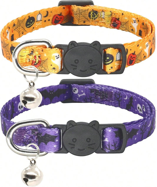 Giecooh Halloween Cat Collar, 2 Pack, Breakaway Cute Cat Collar With Bells, Halloween Purple