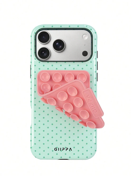 GIIPPA 1 Set Pink Suction Cup + Phone Case, Mint Green Background With Dark Green Polka Dot 2-In-1 Glossy Texture Phone Case, Compatible With Phone 17, 17 Air, 16, 15, 14, 13, 12, 11, Pro Max, Plus, X