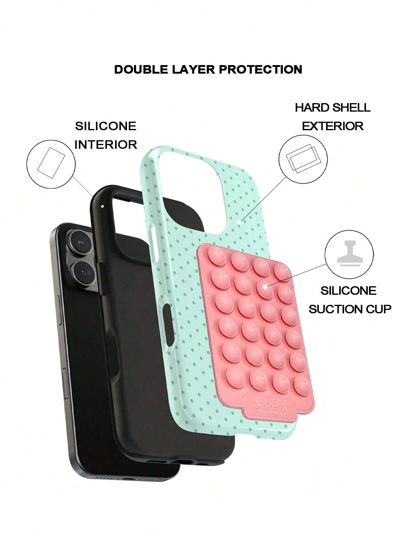 GIIPPA 1 Set Pink Suction Cup + Phone Case, Mint Green Background With Dark Green Polka Dot 2-In-1 Glossy Texture Phone Case, Compatible With Phone 17, 17 Air, 16, 15, 14, 13, 12, 11, Pro Max, Plus, X