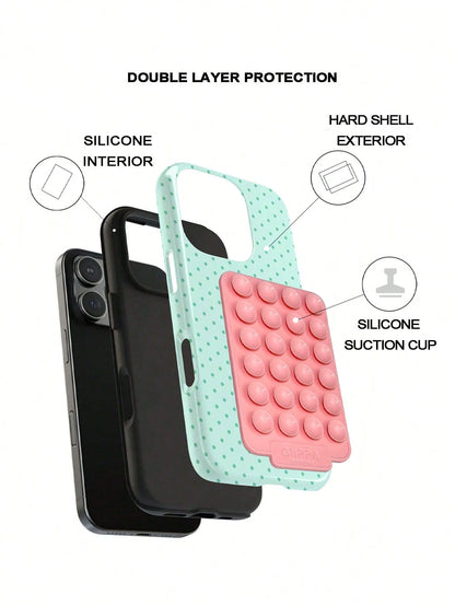 GIIPPA 1 Set Pink Suction Cup + Phone Case, Mint Green Background With Dark Green Polka Dot 2-In-1 Glossy Texture Phone Case, Compatible With Phone 17, 17 Air, 16, 15, 14, 13, 12, 11, Pro Max, Plus, X