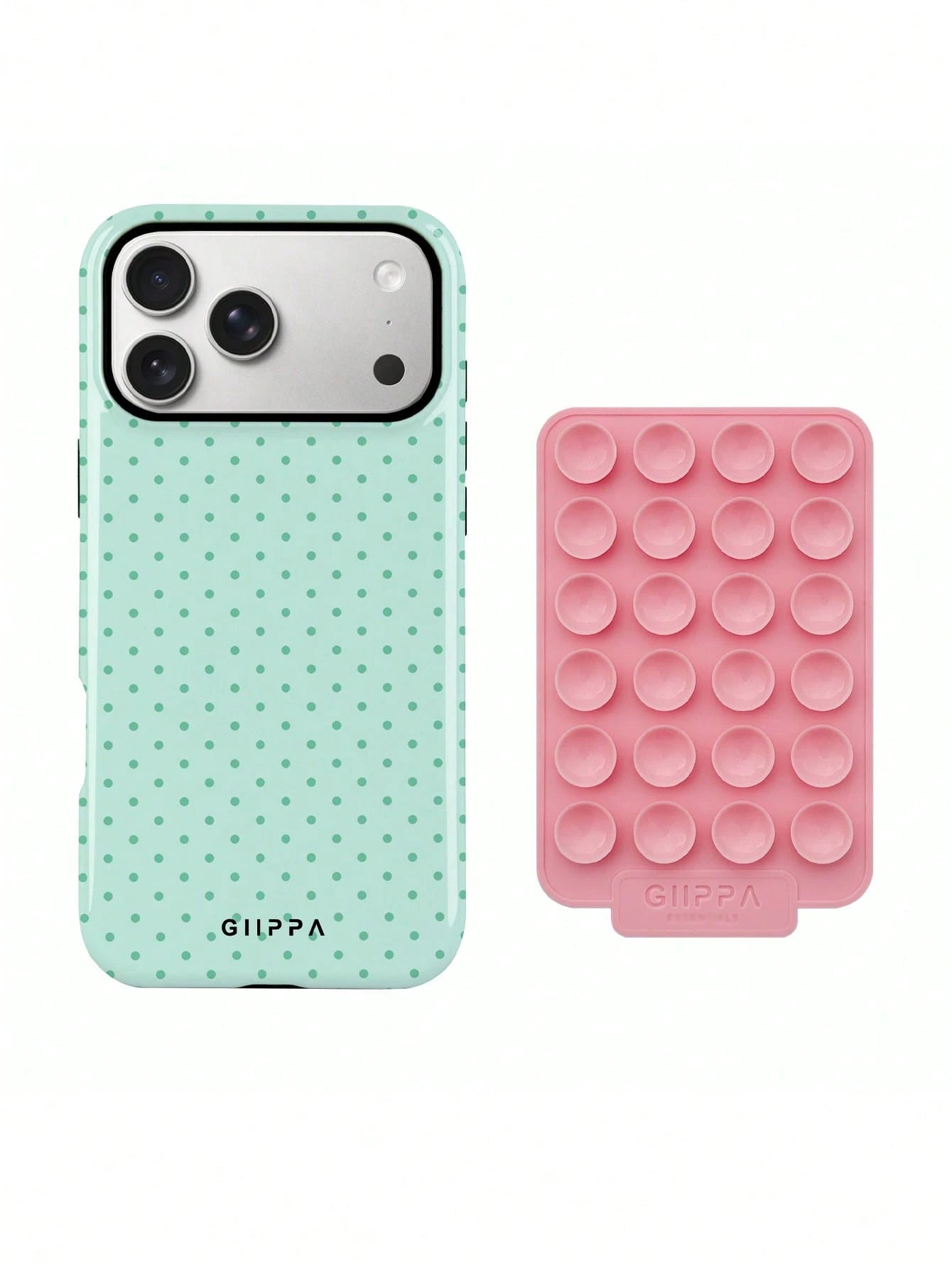 GIIPPA 1 Set Pink Suction Cup + Phone Case, Mint Green Background With Dark Green Polka Dot 2-In-1 Glossy Texture Phone Case, Compatible With Phone 17, 17 Air, 16, 15, 14, 13, 12, 11, Pro Max, Plus, X