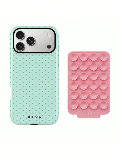 GIIPPA 1 Set Pink Suction Cup + Phone Case, Mint Green Background With Dark Green Polka Dot 2-In-1 Glossy Texture Phone Case, Compatible With Phone 17, 17 Air, 16, 15, 14, 13, 12, 11, Pro Max, Plus, X