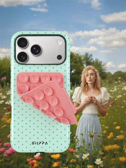 GIIPPA 1 Set Pink Suction Cup + Phone Case, Mint Green Background With Dark Green Polka Dot 2-In-1 Glossy Texture Phone Case, Compatible With Phone 17, 17 Air, 16, 15, 14, 13, 12, 11, Pro Max, Plus, X