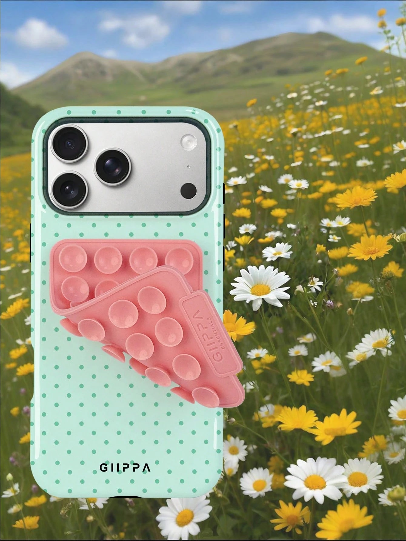 GIIPPA 1 Set Pink Suction Cup + Phone Case, Mint Green Background With Dark Green Polka Dot 2-In-1 Glossy Texture Phone Case, Compatible With Phone 17, 17 Air, 16, 15, 14, 13, 12, 11, Pro Max, Plus, X