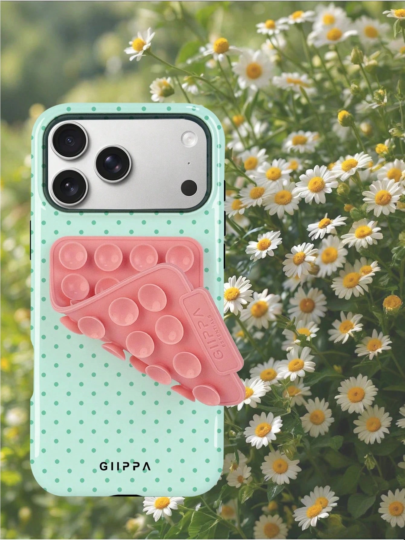 GIIPPA 1 Set Pink Suction Cup + Phone Case, Mint Green Background With Dark Green Polka Dot 2-In-1 Glossy Texture Phone Case, Compatible With Phone 17, 17 Air, 16, 15, 14, 13, 12, 11, Pro Max, Plus, X