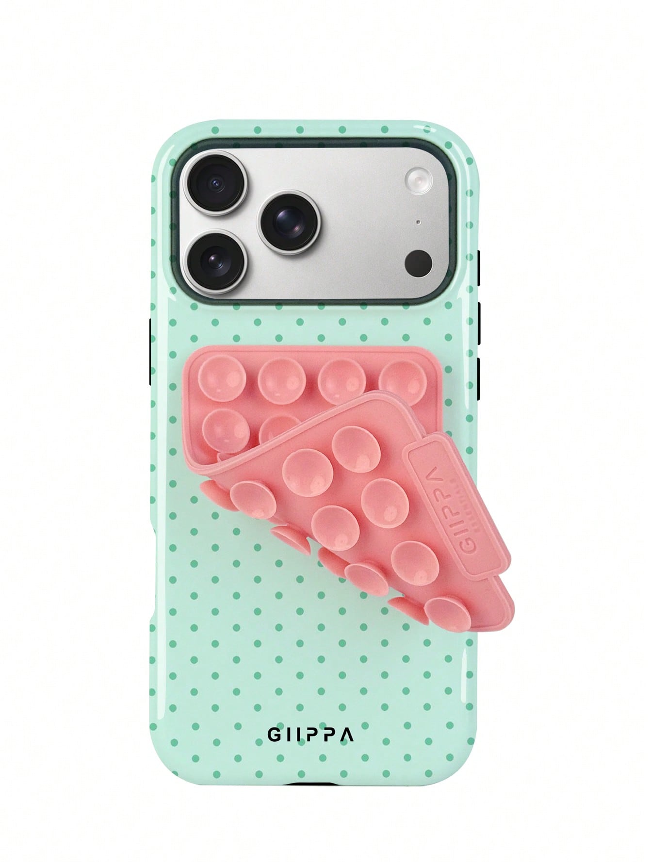 GIIPPA 1 Set Pink Suction Cup + Phone Case, Mint Green Background With Dark Green Polka Dot 2-In-1 Glossy Texture Phone Case, Compatible With Phone 17, 17 Air, 16, 15, 14, 13, 12, 11, Pro Max, Plus, X