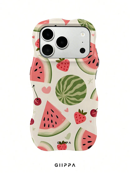 GIIPPA 1pc Apricot Base With Watermelon And Strawberry Pattern Design, Phone 17 Pro Max Wavy Phone Case, Compatible With Phone 16 Pro Max, 15 Pro Max, 14 Pro Max, 11/12/13/14/15/16 Pro Max Plus, Korea